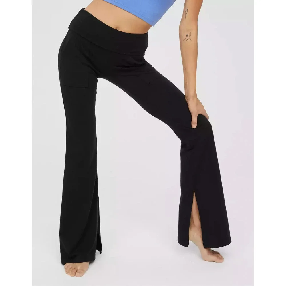 Aerie Offline OG Foldover High Waisted Slit Flare Legging Womens XL Black Yoga